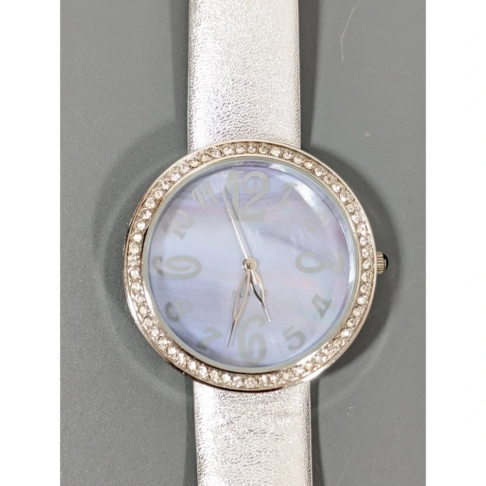 Chico's Silver Tone Leather Watch With Rhinestone Bezel & Mother-Of-Pearl Dial